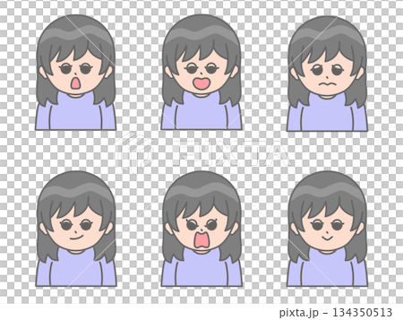 いろんな表情をしている女性のイラスト②　黒髪×紫 134350513