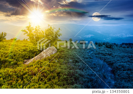 hiking trail through mountain landscape. day and night time change concept. mountains under sky with sun and moon at twilight. scenery with green grass and rolling hills. equality and shift template hiking trail through mountain landscape. day and night time change concept. mountains under sky with sun and moon at twilight. scenery with green grass and rolling hills. equality and shift template 134350801