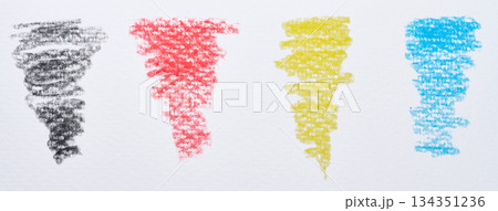 Four vertical strokes of wax crayon, colors black, red, yellow, blue, dense texture Four vertical strokes of wax crayon, colors black, red, yellow, blue, dense texture 134351236