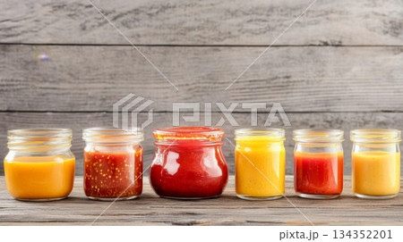Glass jars filled with various spicy pepper sauces on wooden shelf, background 134352201