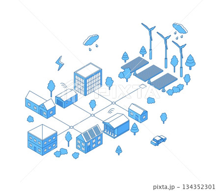 Isometric green energy district. Buildings powered by single grid of clean power generated by solar panels and wind turbines. Eco lifestyle nifty vector concept 134352301