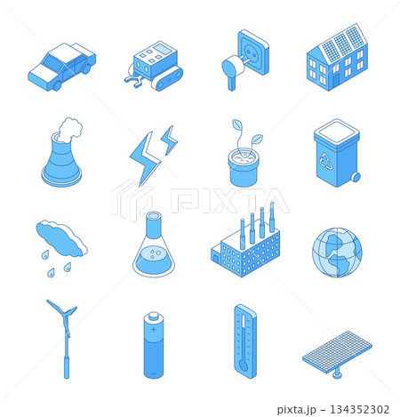 Green energy outline isometric. Global warming weather problems, clean power and energy icons. Solar panels, smart house, e-car, nifty vector set 134352302