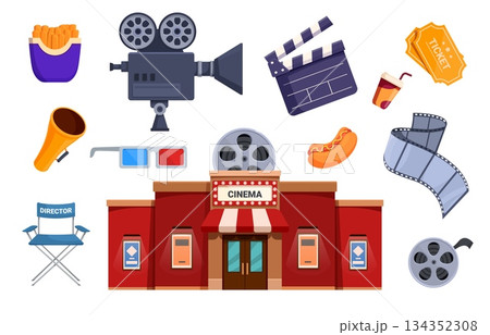 Movie theater. Cinema building icon, film director chair, fast food. Camera and clapper, megaphone, tickets. Isolated entertainment sapid vector elements 134352308
