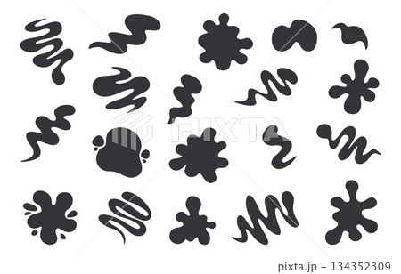 Sauces splashes silhouettes. Black sauce liquids elements, isolated droplets of inks. Oil flows, different decorative art drops, sapid vector clipart 134352309