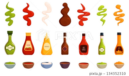 Sauces in bowls. Ketchup mayonnaise mustard chili soy drops splash. Sauce in bowl, tasty various dressing for food, lunch meals, meat, sapid vector clipart Sauces in bowls. Ketchup mayonnaise mustard chili soy drops splash. Sauce in bowl, tasty various dressing for food, lunch meals, meat, sapid vector clipart 134352310