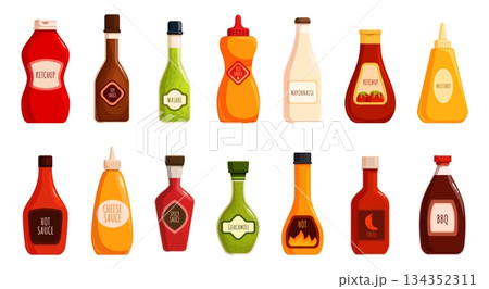 Cartoon sauce bottles. Ketchup wasabi cheese, mayonnaise and chili sauces. Food topping in plastic or glass bottle. Packaging sapid vector clipart Cartoon sauce bottles. Ketchup wasabi cheese, mayonnaise and chili sauces. Food topping in plastic or glass bottle. Packaging sapid vector clipart 134352311