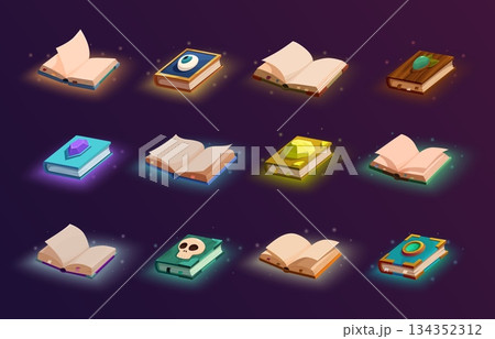 Open magic books. Closed opened notebooks with empty pages, decorative templates. Witchcraft book with amulets, gemstones, skull, sapid vector set 134352312