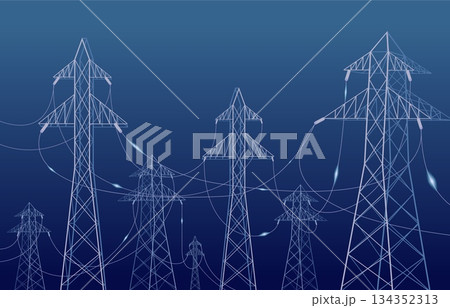 High voltage wires background. Transmission system landscape, city lines for power. Urban infrastructure with electric poles, sapid vector concept 134352313