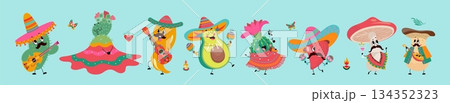 Mexican vegetables characters. Cinco de mayo festival, positive peppers in sombrero, avocado, mushroom and cactus dancing, play music, nowaday vector set Mexican vegetables characters. Cinco de mayo festival, positive peppers in sombrero, avocado, mushroom and cactus dancing, play music, nowaday vector set 134352323