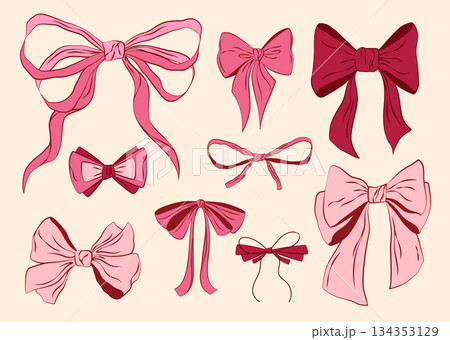 Set of hand-drawn vintage pink ribbon bows 134353129