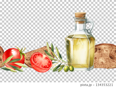 Seamless illustration of a horizontal border with hand-drawn olive oil bottle, fresh tomatoes, olive branches and sliced rustic bread. Perfect design for restaurant menu border, kitchen posters, or 134353221