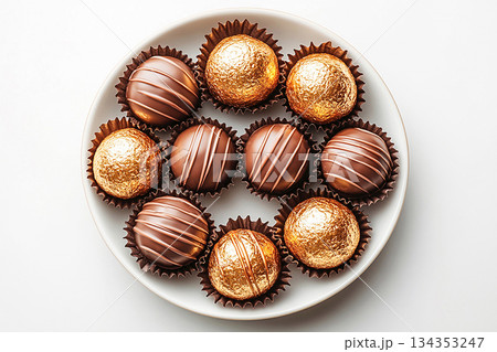Fine dining catering services. Luxurious chocolate in a white plate of handcrafted gourmet chocolates. Top view. Fine dining catering services. Luxurious chocolate in a white plate of handcrafted gourmet chocolates. Top view. 134353247