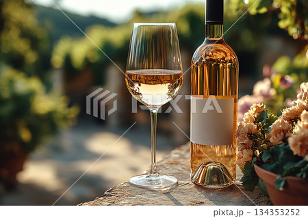 Luxurious drinking. Wine Glass with white wine and a bottle of wine with a blank label next to it. Mockup for wine industry branding. 134353252