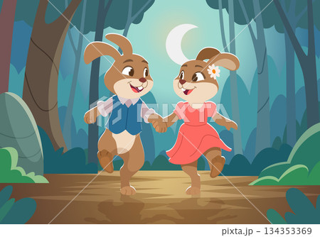 Rabbits. wild animals walking in moonlight forest hands holding. lovers background 134353369
