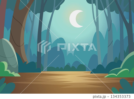 Moon landscape. forest outdoor background with moonlight. vector background in cartoon style Moon landscape. forest outdoor background with moonlight. vector background in cartoon style 134353373