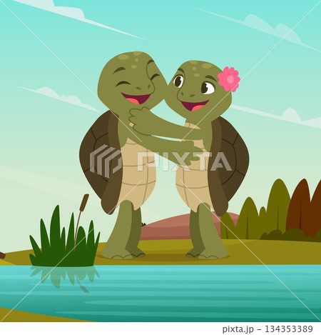 Couple turtles. happy cartoon turtles hugging. lovers in pond outdoor 134353389