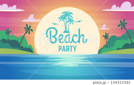 Cartoon sunset. beach party poster with flat stylized outdoor landscape 134353391