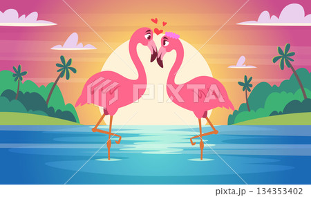 Lovely animals. Valentine day cartoon template background with animal couples in love exact vector illustration 134353402
