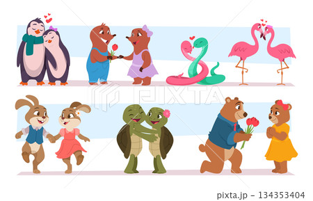 Animals in love. Romantic couples of different cute animals exact vector cartoon template Animals in love. Romantic couples of different cute animals exact vector cartoon template 134353404