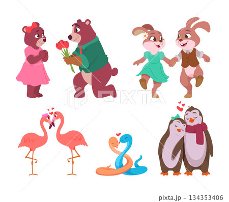 Love animal couples. Romantic funny wild animals characters with heart exact vector valentines day template Love animal couples. Romantic funny wild animals characters with heart exact vector valentines day template 134353406