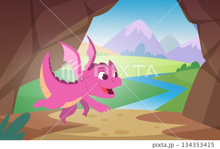 Dragon background. Fairytale illustration with fantasy little baby dragon exact vector template in cartoon style 134353415