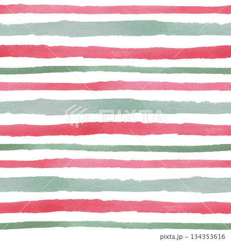 Christmas striped red and green seamless pattern. Watercolor illustration of a horizontal abstract geometric print. Hand drawn sketch on a white isolated background. Watercolour painting art 134353616