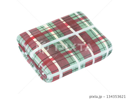 Christmas red and green checkered blanket. Watercolor illustration of a folded fabric with gingham print. Hand drawn vintage sketch on white isolated background. Water color painting art image Christmas red and green checkered blanket. Watercolor illustration of a folded fabric with gingham print. Hand drawn vintage sketch on white isolated background. Water color painting art image 134353621