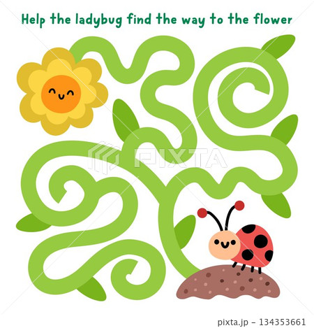 Easter village maze for children with ladybug searching way to flower. Funny simple square labyrinth game with cute ladybird, sunflower. Spring holiday printable activity, worksheet with insect Easter village maze for children with ladybug searching way to flower. Funny simple square labyrinth game with cute ladybird, sunflower. Spring holiday printable activity, worksheet with insect 134353661