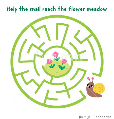 Easter village round geometrical maze for children with snail going to flower meadow. Funny simple square labyrinth game with cute mollusk. Spring holiday printable activity, worksheet Easter village round geometrical maze for children with snail going to flower meadow. Funny simple square labyrinth game with cute mollusk. Spring holiday printable activity, worksheet 134353662