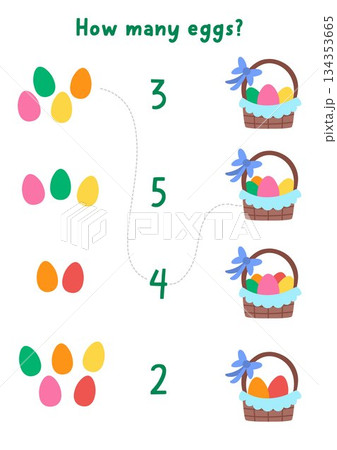 Match the numbers simple Easter game with baskets and colored eggs. Spring math activity for preschool kids. Educational counting worksheet with holiday symbols 134353665