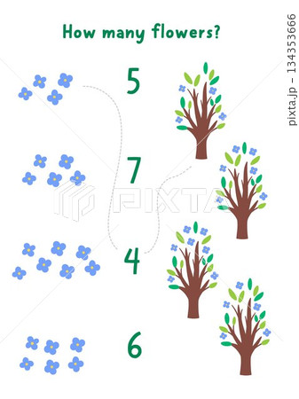 Match the numbers simple Easter game with blooming trees. Spring holiday math activity for preschool kids. Educational counting worksheet with plants and blue flowers Match the numbers simple Easter game with blooming trees. Spring holiday math activity for preschool kids. Educational counting worksheet with plants and blue flowers 134353666