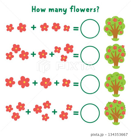 How many flowers game with cute blooming trees. Spring holiday math addition activity for preschool children. Simple printable counting worksheet for kids with garden plant 134353667