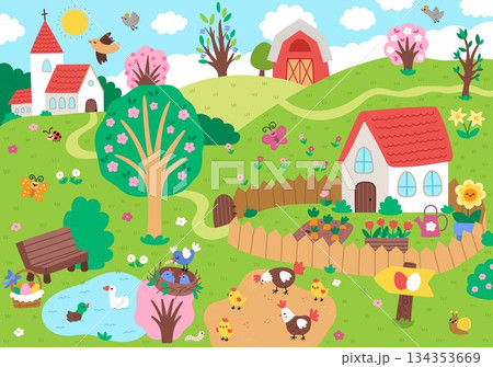 Vector Easter village landscape. Rural nature scene with roads, chapel, country house, barn. Spring holiday background for kids with church, blooming trees, birds, sun, garden. Egg hunt scenery 134353669