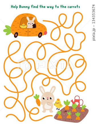 Easter village maze for children with bunny on carrot shaped car going to his garden. Funny labyrinth game with cute hare. Spring holiday printable activity, worksheet with rabbit and chick 134353674