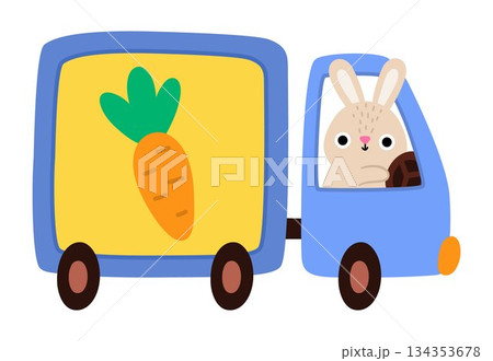 Vector Easter bunny driving a truck with carrot sign icon. Rabbit driver picture. Cute spring or farm animal illustration for kids. Funny hare on lorry clipart isolated on white background 134353678