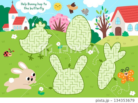 Easter village maze for children with geometrical chick, carrot, bunny, egg. Funny labyrinth game with cute hare. Spring holiday printable activity, worksheet with rural country scene, cottage, 134353679