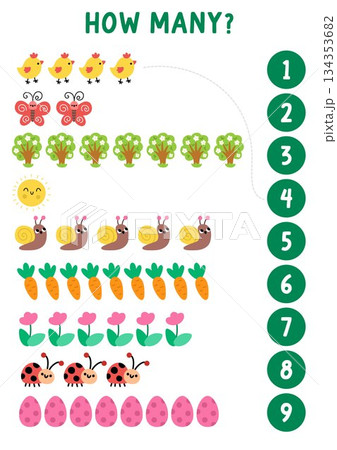 Match the numbers simple Easter game with holiday symbols. Spring math activity for preschool kids. Educational counting worksheet with chick, butterfly, carrot, blooming tree, sun, egg, ladybug 134353682