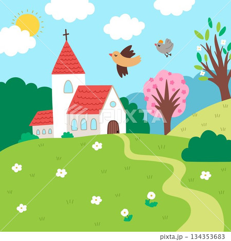 Vector Easter village square landscape. Rural nature scene with road leading to the chapel through the meadow. Spring holiday background for kids with church, blooming trees, birds, sun 134353683