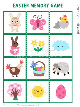 Vector Easter memory game cards with cute holiday symbols. Spring matching activity. Remember and find correct card. Simple printable worksheet for kids with bunny, egg, basket, chick, hen, sun 134353695