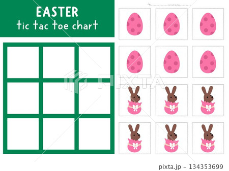 Vector Easter village tic tac toe chart with holiday symbols. Spring board game playing field. Funny printable worksheet. Noughts and crosses grid with chocolate egg and bunny Vector Easter village tic tac toe chart with holiday symbols. Spring board game playing field. Funny printable worksheet. Noughts and crosses grid with chocolate egg and bunny 134353699