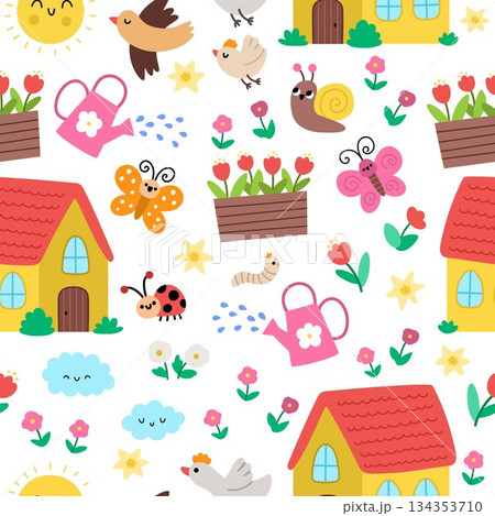 Vector Easter seamless pattern. Cute farm or garden repeat background with country house, flowers, watering can, insects, birds. Festive digital paper for kids. Spring holiday texture 134353710