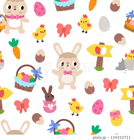 Vector Easter seamless pattern. Cute farm repeat background with bunny, chicks, basket, colored eggs, carrot, egg hunt sign, chocolate hare. Festive digital paper for kids. Spring holiday texture Vector Easter seamless pattern. Cute farm repeat background with bunny, chicks, basket, colored eggs, carrot, egg hunt sign, chocolate hare. Festive digital paper for kids. Spring holiday texture 134353711