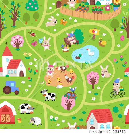 Vector seamless pattern with Easter village map. Rural repeat background with nature detailed scene. Cute spring holiday landscape digital paper with church, bunny, colored eggs, animals, house 134353713