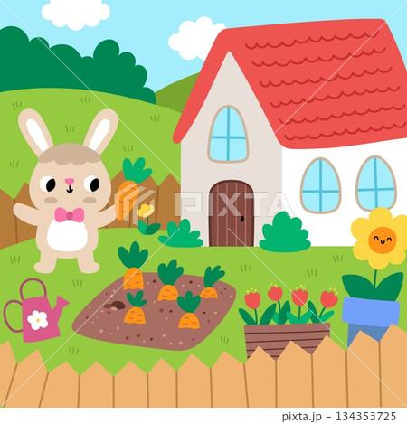 Vector Easter village square landscape. Rural nature scene with bunny in the garden with carrot bed. Spring holiday background for kids with country house, watering can, blooming flowers 134353725