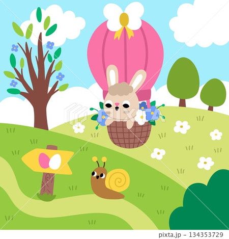 Vector Easter village square landscape. Rural nature scene with bunny flying on hot air balloon. Spring holiday background for kids with egg hunt sign, snail, blooming tree 134353729