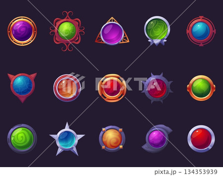 Cartoon round game buttons. Ui ux interface elements. Magic half spheres gems amulets in different wooden metal stone frames, nowaday vector set 134353939