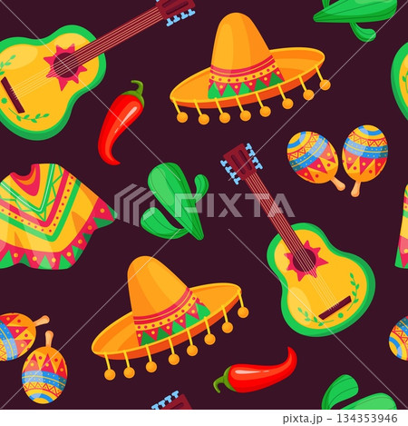 Mexican style seamless pattern. Cartoon sombrero, guitar, cactus, chilli peppers and poncho. Bright traditional elements, fabric wallpaper print, nowaday vector background 134353946