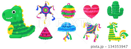 Mexican pinatas. Bright pinata dinosaur, heart, cloud, llama. Children party toy decoration with treats and confetti inside. Carnival fiesta accessories, nowaday vector set Mexican pinatas. Bright pinata dinosaur, heart, cloud, llama. Children party toy decoration with treats and confetti inside. Carnival fiesta accessories, nowaday vector set 134353947