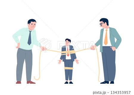 Employee tied. Metaphor of restrictions, corporate obligations and demands, oppression of small businesses by large corporations, taxes, recent vector scene 134353957