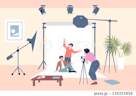 Photoshoot in studio. Male friends taking photography with professional photographer. Make memories, brothers, young guys, recent vector scene Photoshoot in studio. Male friends taking photography with professional photographer. Make memories, brothers, young guys, recent vector scene 134353958